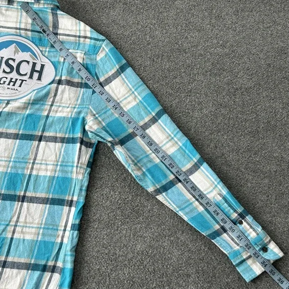 Busch Light Shirt Mens Medium Blue Plaid Flannel Angry Minnow Vintage Beer Logo - Picture 8 of 12